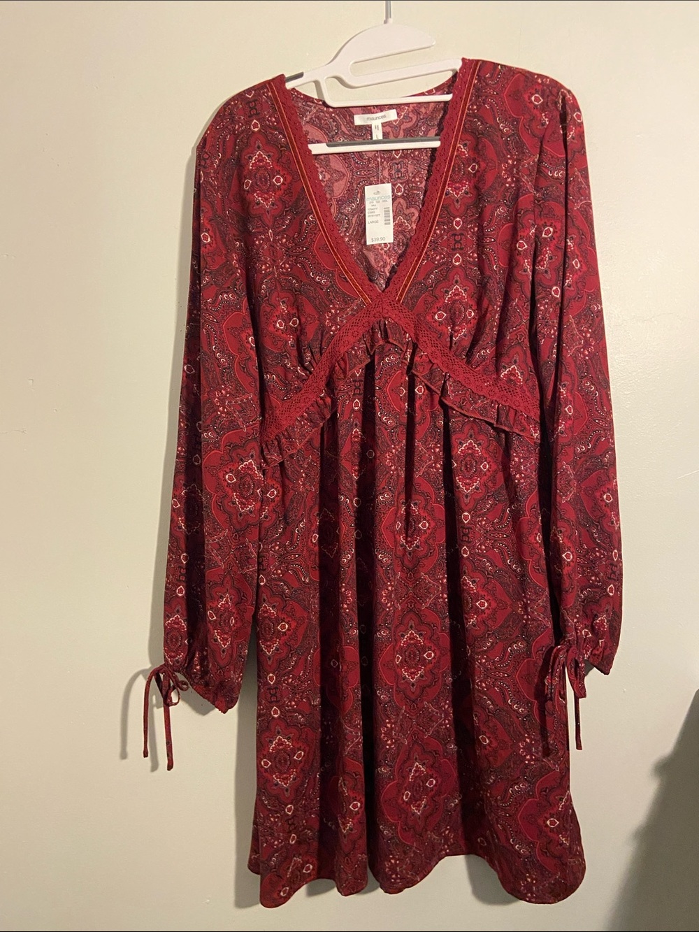 Maurices Burgundy Paisley V-Neck Long Sleeve Dress